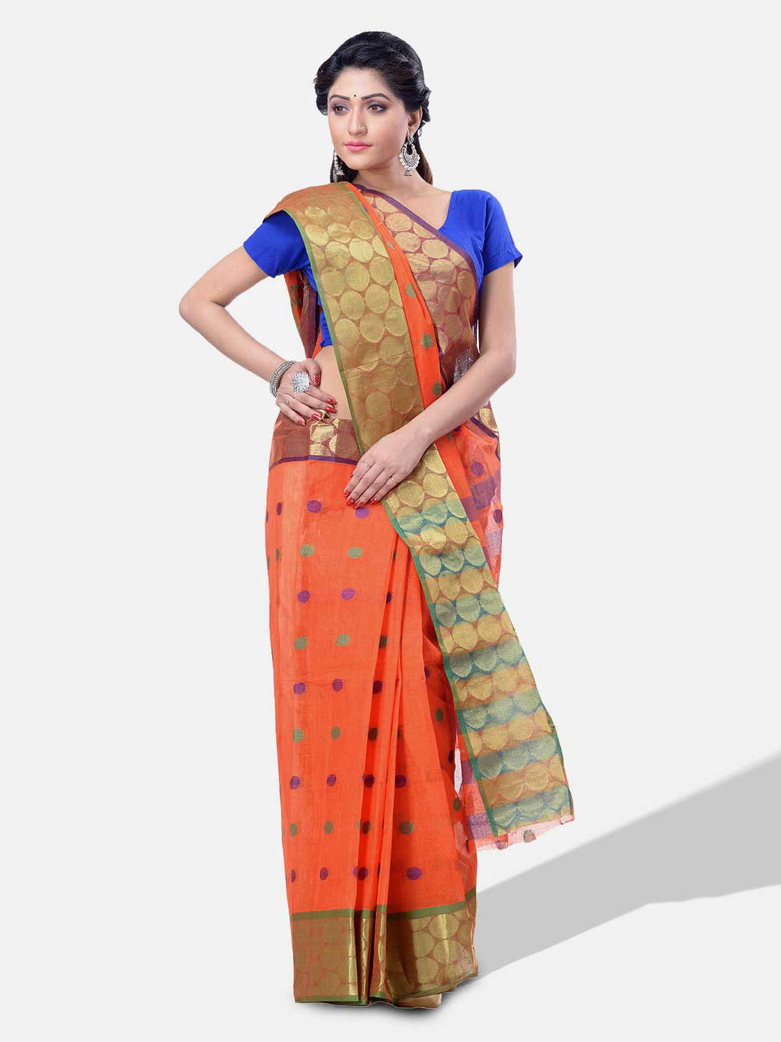 Women Ganga Jamuna Bengal Handloom Cotton Tant Saree Without Blouse Piece (DBGANGAJ6_orange_blue)